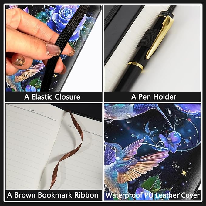 A5 Leather Lined Journal Notebook, 200 Pages Hardcover Executive Notebook for Men Women Office School Note Taking, Thick Writing Paper Daily Journal with Bookmarks/Indexes,Blue Hummingbird Flower