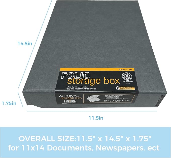 Lineco Clamshell Archival Storage Box, 11.5x14.5x1.75 Inch, Gray | Acid-Free with Metal Edge Boxboard, Organize and Store Photos Documents Cards Negatives Magazine Prints Family Records DIY