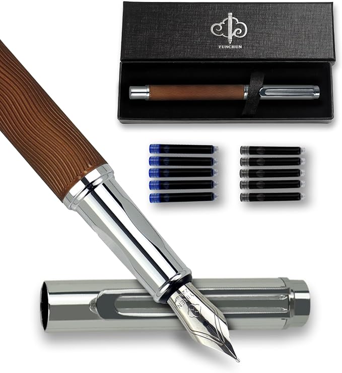 YUNCHUN Fountain Pen Set for Men Women, Streamline Design Refillable Pen with Medium Nib, 20 Ink Refills (10 Black + 10 Blue), Smooth Writing Gift, Brown