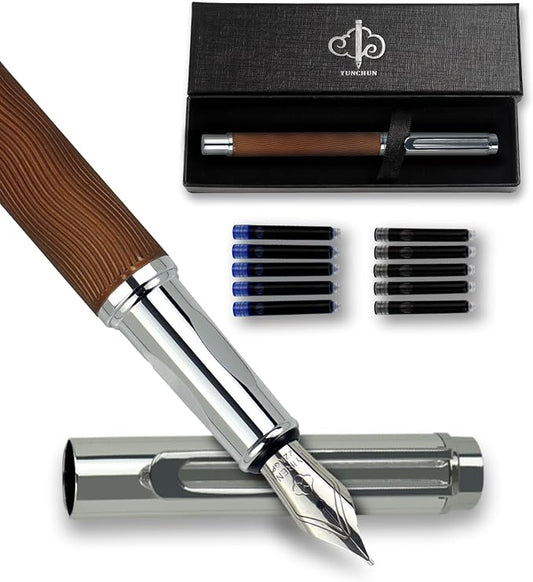 YUNCHUN Fountain Pen Set for Men Women, Streamline Design Refillable Pen with Medium Nib, 20 Ink Refills (10 Black + 10 Blue), Smooth Writing Gift, Brown