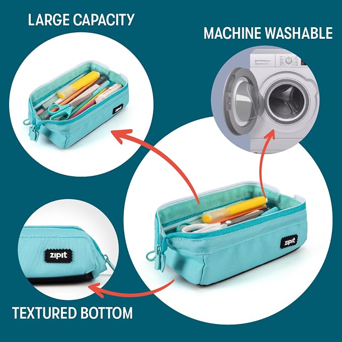 ZIPIT: Lenny Pencil Case - Light Teal - Large Storage Capacity Zipper Pouch, Makeup-Stationery Bag, School-Travel, Washable Polyester, Kid-Teen-Adult