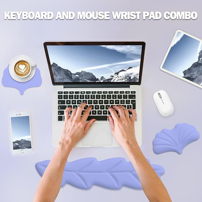 Keyboard Wrist Rest Pad Set, Leaf Shape PU Leather Memory Foam Cushion Support, Mouse Rest Pad, Non-Slip Support for Easy Typing Pain Relief, Purple Leaf