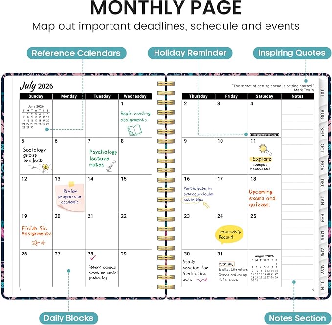 Planner 2026-2027, Academic Monthly and Weekly Calendar Planner for Women, July 2026 - June 2027, Hardcover Pretty Agenda Planner Book with Tabs, Spiral Daily Organizer for School Office Home Supplies, 6.3" x 8.5" - Nordic Forest