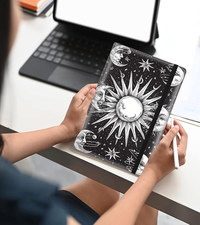 A5 Leather Lined Journal Notebook, 200 Pages Hardcover Executive Notebook for Office School Note Taking, Thick Writing Paper Daily Journal with Bookmarks/Indexes, Black and White Sun Moon