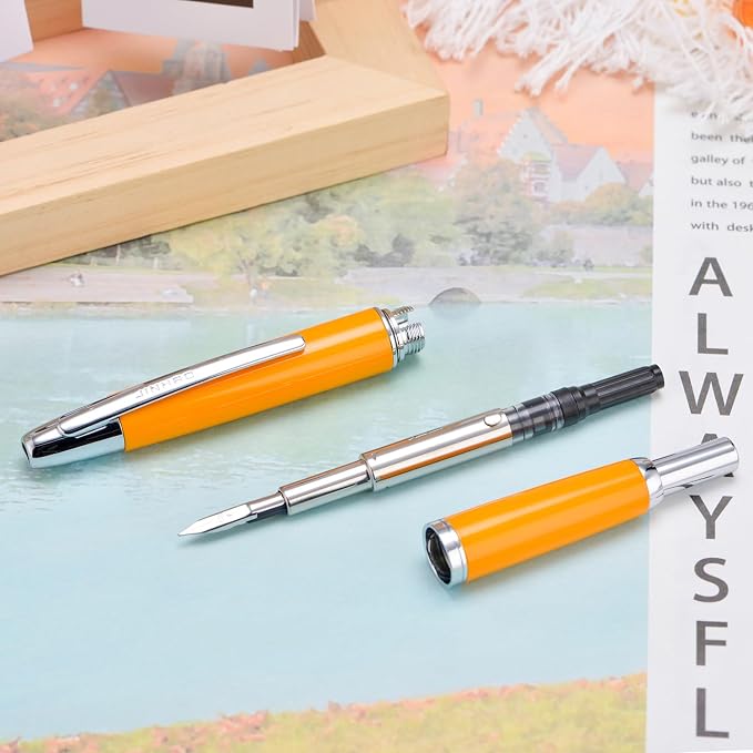 Jinhao 10 Press Fountain Pen with Box, Orange Retractable Fine Nib with Converter Set (Silver Clip)