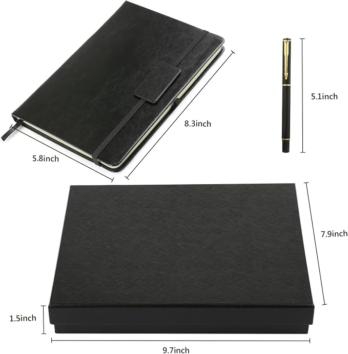 Kesoto College Ruled Hardcover Executive Writing Notebook Gift Set - A5 Lined Journal with Pen & Gift Box, 200 Pages, 8.3" x 5.8" Faux Leather, Black