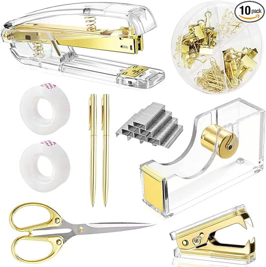 suniya Office Supplies Gold Desk Accessories Set Office Supplies Kit with Stapler, Tape Dispenser, Scissors, Staple Remover, Ballpoint Pen, Clear Tape & Staples – Best Gift for Business or Boss