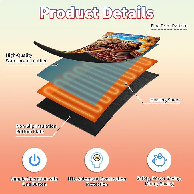 Heated Desk Pad Large Mouse Pad 23.6 x 14.1 inch with 3 Levels Heating & Auto Shut-Off Warm Mouse pad PU Leather Computer Mousepad for Home Office Work - Sunflower Cow