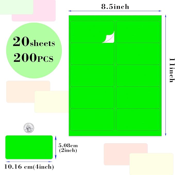YSHIHE Fluorescent Shipping Address Labels,2“ x 4“ Neon Label 200 PCS | 5 Colors Neon Stickers for Inkjet or Laser Printer for Moving Lables,Mailing Shipping Envelopes and Organization 20 Sheets