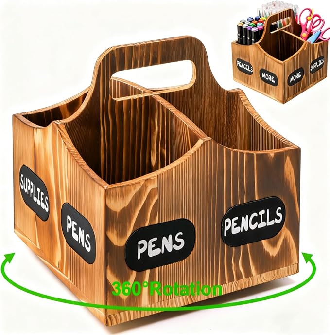 Covzoe 360° Rotating Art Supply Organizer, Wood Pen Pencil Holder with Handle, 4 Slots Lazy Susan Desktop Storage Caddy for Paint Brushes, Crayons, Art Studio, School, Office Supplies