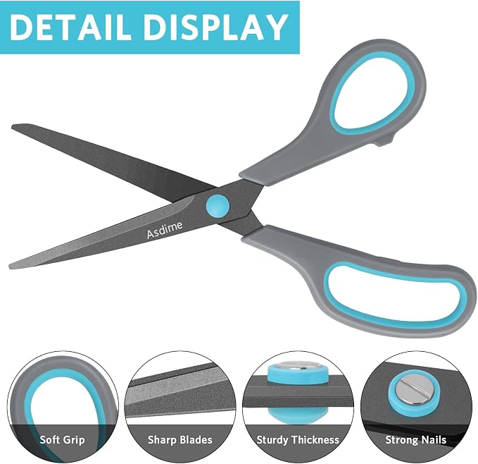 Asdirne Teflon Coating Scissors, Stainless Steel Blades, Soft Grip Handle, Suitable for Households,Offices and Schools, All Purpose, Blue/Grey, 21.5 cm