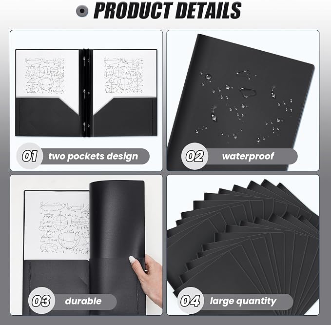 Yeaqee 400 Pcs Plastic 2 Pocket Folders with Prongs Bulk for Back to School, 3 Prong File Folders Fit Letter Size Paper, for School Office Homework Paperwork Organization Supplies (Black)