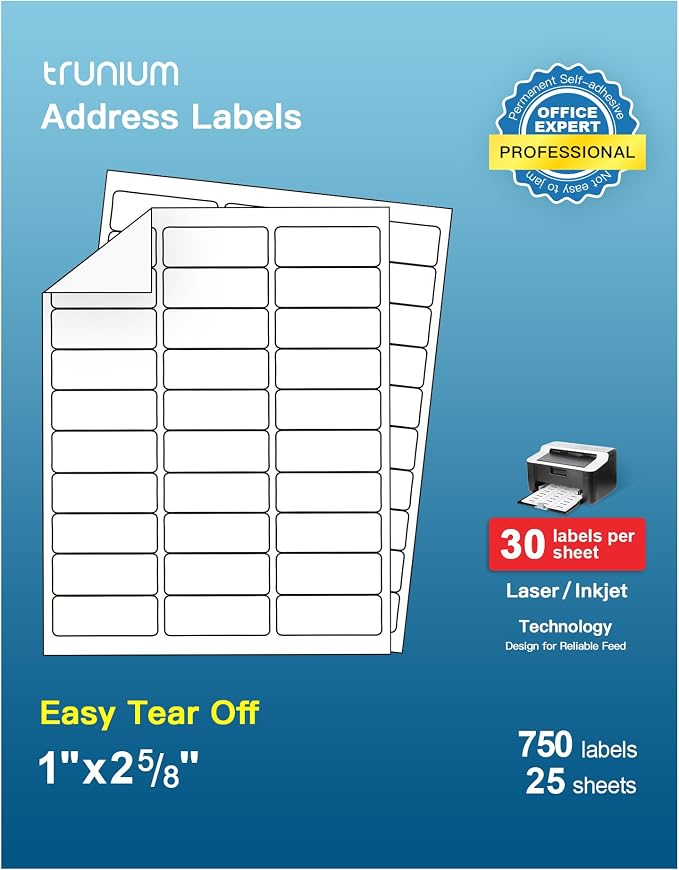 Shipping Address Labels, 1" x 2-5/8" Address Labels for Laser & Inkjet Printers, Mailing Labels, Strong Adhesive for FBA Label, Easy to Peel (25 Sheets, 750 Labels)