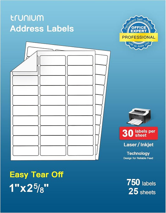 Shipping Address Labels, 1" x 2-5/8" Address Labels for Laser & Inkjet Printers, Mailing Labels, Strong Adhesive for FBA Label, Easy to Peel (25 Sheets, 750 Labels)