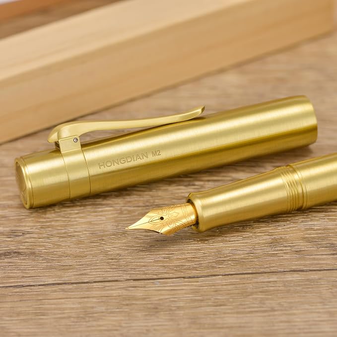 HONG DIAN M2 Black Forest Mini Fountain Pen, Medium Soft Golden Nib & Sleek Shape Brass Short Pocket Travel Pen (Glossy Brass)