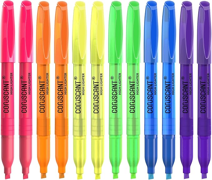 coruscant Highlighter - 12 pack color highlighter, color transparent visible fluorescent pen shell, wide chisel point mark, fluorescent pen, school, office