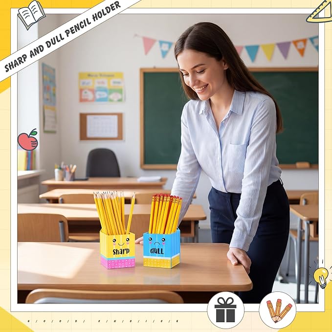 DoubleFill 2 Pcs Blue Pencil Shaped Holder Sharp Dull Holder Wooden Dispenser Pen Storage with Classic Pencil Shaped Design for Back to School Teachers Classroom Organization Accessories