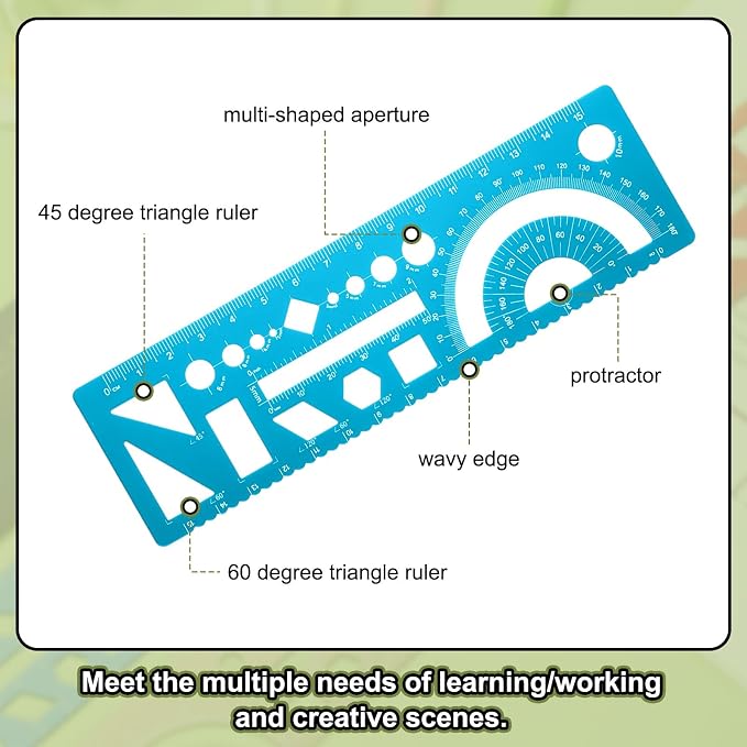HARFINGTON Multifunctional Geometric Rulers 15cm Metric and SAE Aluminum Straight Edge Protractor Angle Math Measuring Rulers Geometric Drawings Templates for Drawing Drafting, Blue