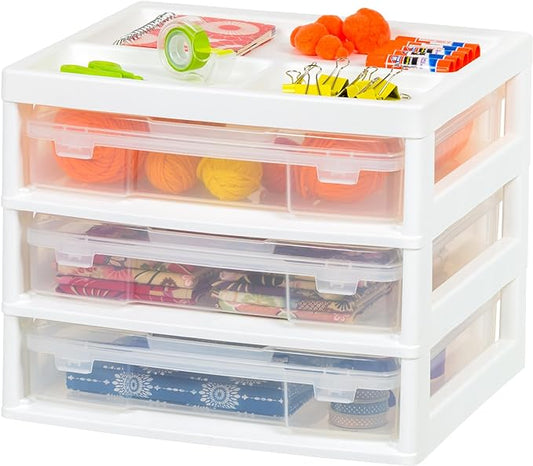 IRIS USA Fits 12" x 12" Paper, 3-Tier Desk Top Storage Unit with Organizer Top, for Office Art & Craft Supplies, Pens Pencils Sticky Notes Paper Clips, 3 Clear Cases w/ Built in Handle - White/Clear