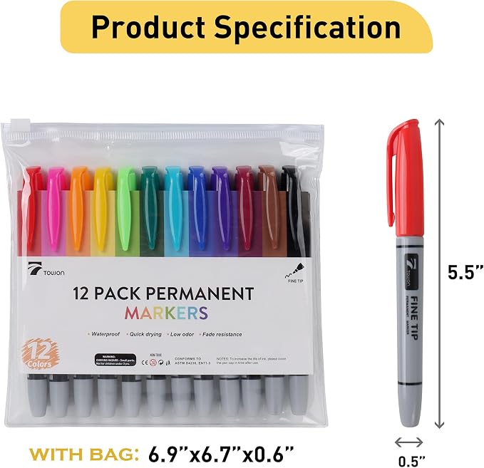 TOWON 12 Permanent Markers - Assorted Colors Drawing Marker Pens Set, Waterproof Quick Drying Fine Tip Colored Artists Markers for Adults Coloring