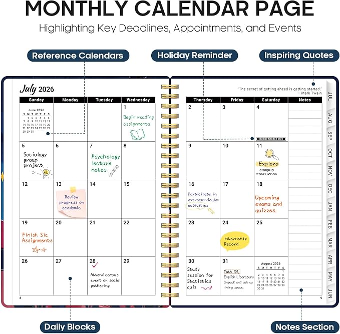 Planner 2026-2027, Academic Year Monthly and Weekly Calendar Planner, Jul 2026 - Jun 2027, Hardcover Teacher Student Planning Agenda book with Tabs, Perfect for School Office Supplies, 6.3" x 8.5" - Lunar Flight