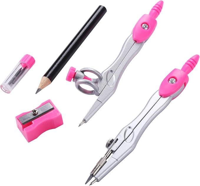 Unjoo Geometry Set 10 Pcs Student Supplies, Protractor and Compass (Pink） | Shatterproof Storage Box,Rulers,Protractor,Compass,Eraser,Pencil Sharpener,Lead Refills,Pencil,for Classroom, Back to School