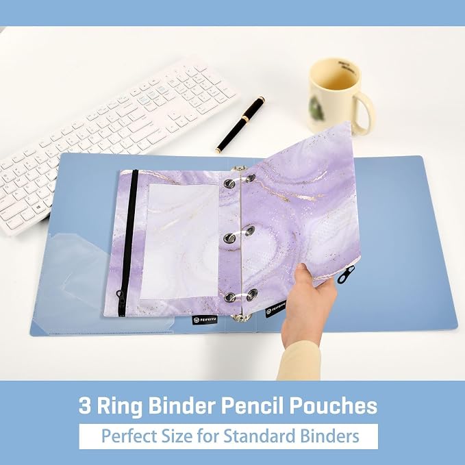 Purple Marble Ripple Pencil Pouch Fits standard 3-ring binders, Zipper Binder Pencil Bag with Clear Window for Class Office 2 Pack