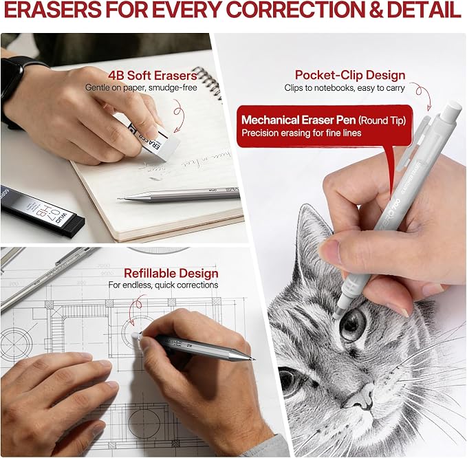 WUO 0.7mm Mechanical Pencil Set with Eraser Pen, 4PCS Metal Mechanical Pencils, 480 HB Lead Refills, 3PCS 4B Erasers, 10PCS Eraser Refills for Writing, Drafting, Drawing & Sketching