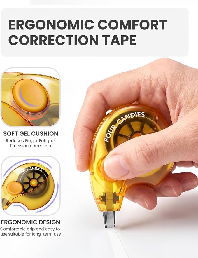 Four Candies Silent Correction Tape, White Correction Tape 12 Pack, 26.2ft, Ergonomic Easy-to-Use Applicator,Fast Clean Instant Corrections, Smooth High-Opacity Tear-Resistant Office & School Supplies