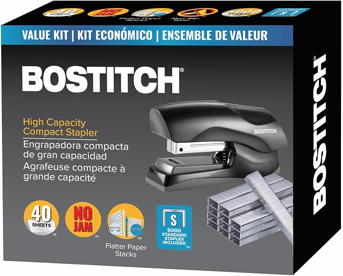 Bostitch Office Heavy Duty 40 Sheet Stapler with 5,000 Staples, Small Stapler Size, Fits into the Palm of Your Hand, Value Pack, Black (B175-BLK-VP)