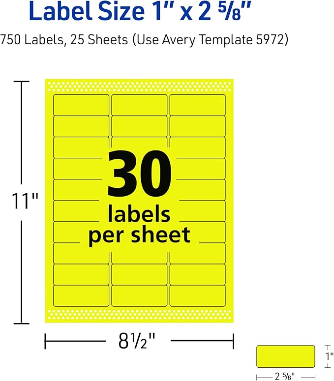 Avery Printable Address Labels, Sure Feed Technology, 1" x 2-5/8", Neon Yellow, Laser & Inkjet Compatible, 750 Blank Labels Total, Great for Branding, Mailing, Organizing, and More (5972)