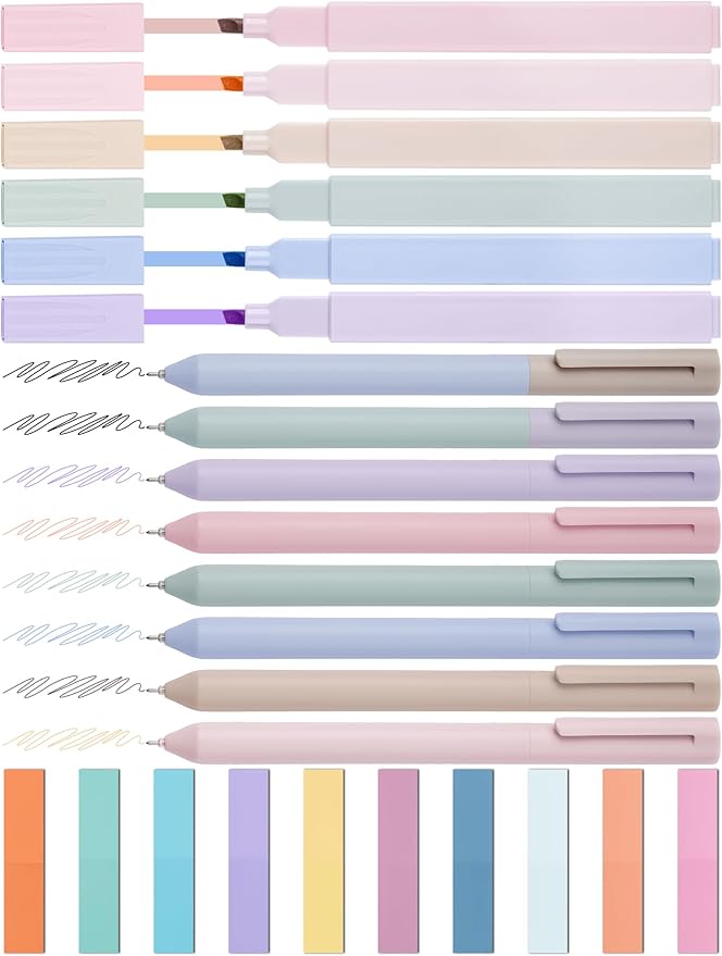NiArt Bible Highlighters No Bleed 14Pc Gel Pens & Sticky Notes Study Set | 14-Piece Morandi Set With 6 Highlighters, 8 Gel Pens, 200 Sticky Notes And Transparent Storage Box For Bible Journaling