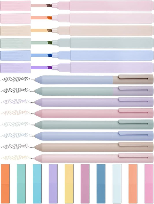 NiArt Bible Highlighters No Bleed 14Pc Gel Pens & Sticky Notes Study Set | 14-Piece Morandi Set With 6 Highlighters, 8 Gel Pens, 200 Sticky Notes And Transparent Storage Box For Bible Journaling