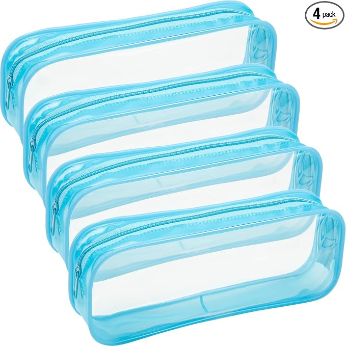 Tatuo 4 Pieces Clear PVC Bags Big Capacity Zipper Pencil Pouch Case Travel Luggage Makeup Cosmetic Bag(Sky Blue)