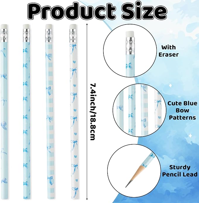 Xqumoi Coquette Blue Bow Pencils with Eraser - Preppy Bow #2 HB Pencils, Classroom Student Rewards, School Office Supply, Party Goodie Bag Fillers Stuffers, Baby Shower Party Favors