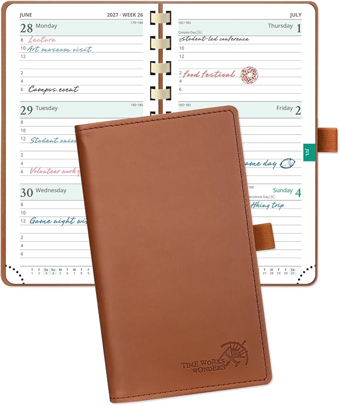 POPRUN 2027 Pocket Planner (Slim 3.5'' x 6.5'') Weekly and Monthly Calendar | 2027 Pocket Calendar(Jan - Dec) Appointment Book with Hourly Time Slots, Monthly Tabs, Spiral Leather Cover - Brown