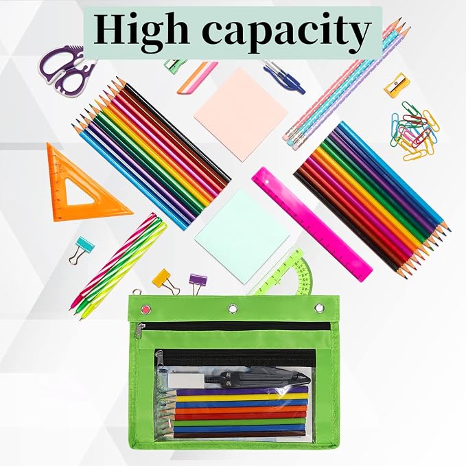 YoeeJob 2 Pack 1 Inch Expandable Zipper Pencil Pouches with Clear Window for 3 Ring Binder, Suitable for School & Office（Green）
