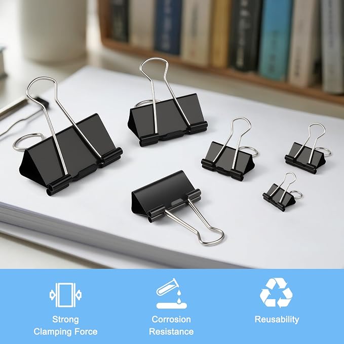 228 PCS Binder Clips Assorted Sizes, Extra Large Medium Small Mini and Micro, Metal Paper Binder Clip Black,Paper Clamps, 6 Sizes for Office Supplies, School and Home