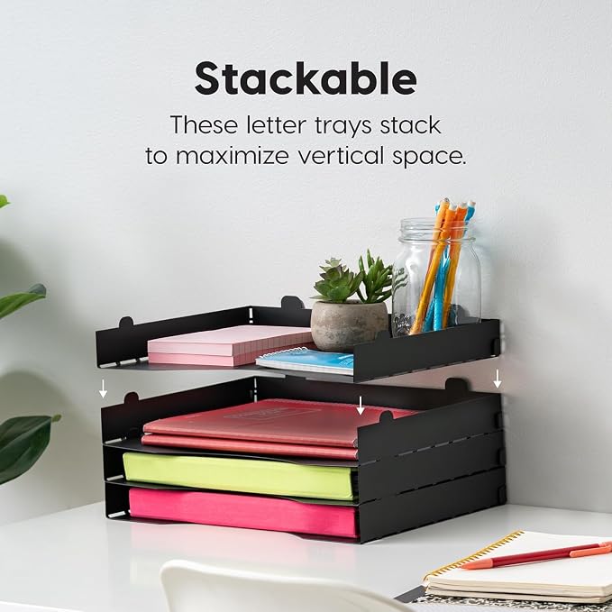 IRIS USA 4-Pack Stackable Metal Letter Tray Organizer, Black | Sort paperwork, documents, and office essentials with stackable trays designed for desks and workspaces