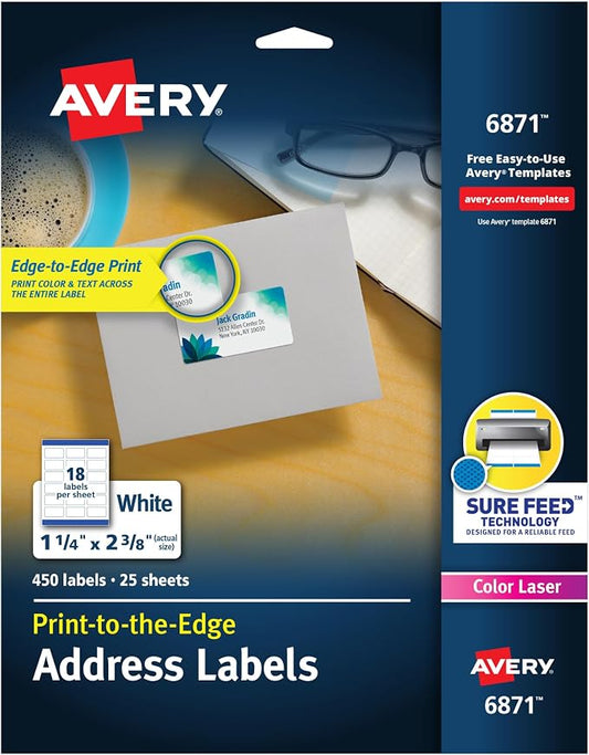 Avery Print-to-the-Edge Printable Address Labels, 1-1/4" x 2-3/8", Matte White, Sure Feed Technology, Laser & Inkjet Compatible, 450 Blank Labels, Great for Mailing, School Supplies, and More (6871)