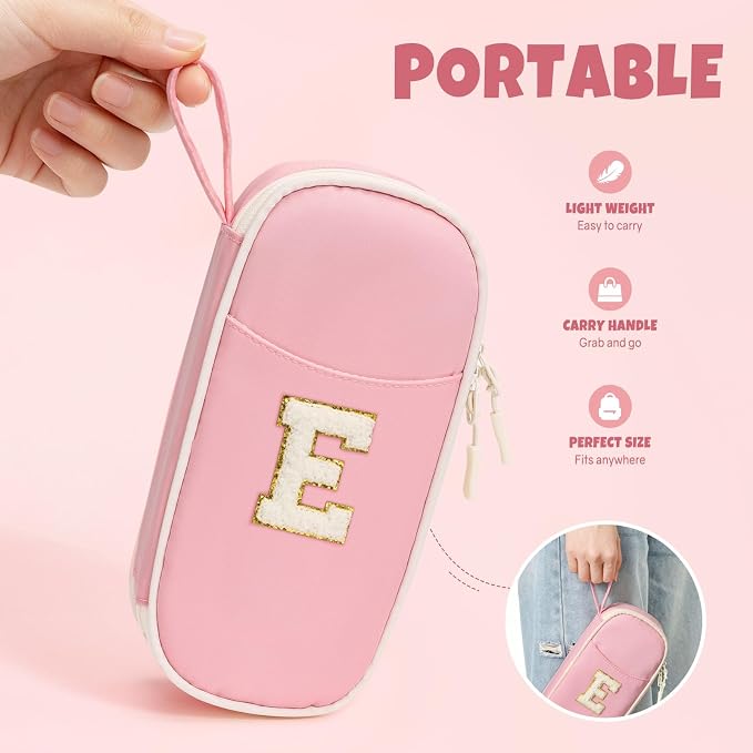 SUNEE Cute Pencil Case, Kawaii Big Capacity Pencil Pouch, Personalized Initial Pencil Bag with Zipper, Stationery Storage and Organizer, Back to School Supplies, Pen Box for Girls & Boys, Teen, E-Pink