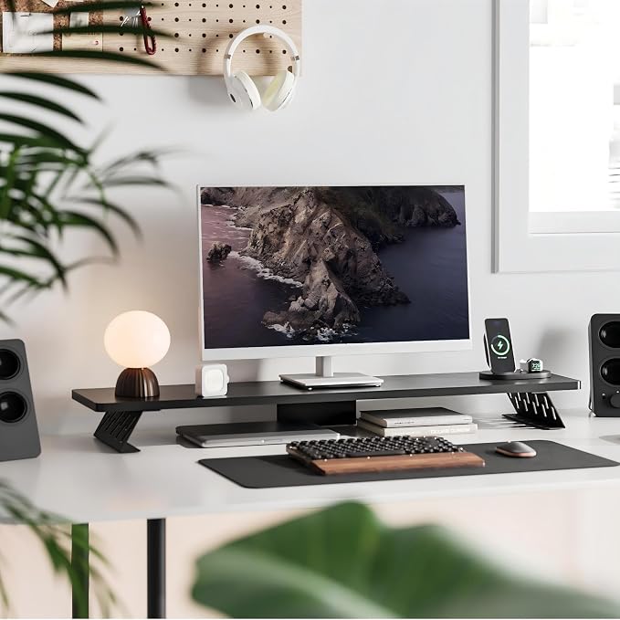 Fenge Monitor Stand Riser, Wooden & Metal Desk Shelf Organizer, Black | 42.5 Inch Dual Monitor Riser for 2 Monitors, Multifunctional Monitor Shelf for Laptop, PC, Printer