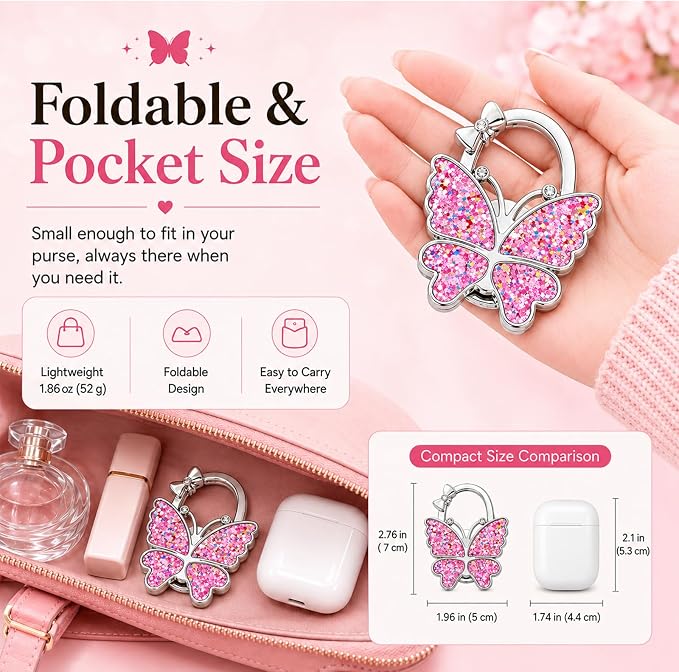 Purse Hook for Table, Foldable Handbag Hanger for Women, Portable Bag Holder with Non-Slip Base, Cute Sequin Colorful Butterfly Purse Table Hook for Restaurant Office Travel Gift