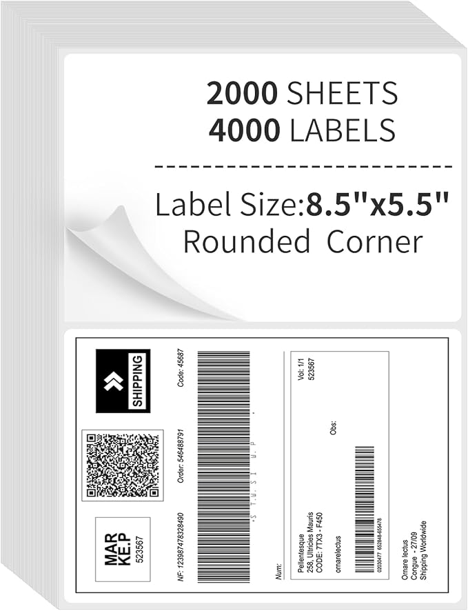 2000 Sheets Half Sheet Shipping Labels,2 Per Page Self Adhesive Mailing Labels,8.5" x 5.5" Sticker for Laser & Inkjet Printers Labels(4000 Labels)