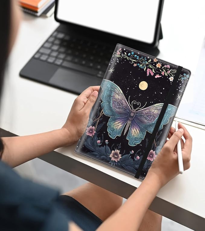 A5 Leather Lined Journal Notebook, 200 Pages Hardcover Executive Notebook for Men Women Office School Note Taking, Thick Writing Paper Daily Journal with Bookmarks/Indexes, Moth Moon