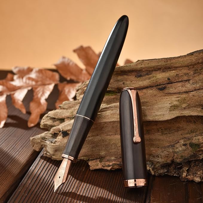 HONG DIAN A10 Fountain Pen, Fine Soft Nib Black Ebony Wood with Magnetic Cap Design and Metal Case Set