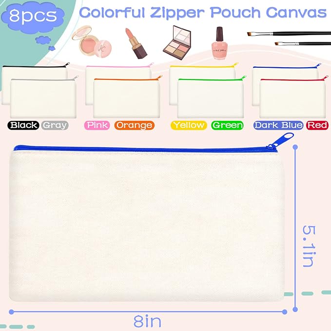 ZeeDix Canvas Zipper Pouch Bulk – 8.3 x 5 Inches Cotton Canvas Pouches with Zipper, Canvas Pencil Pouch, Makeup Bags Bulk for Travel Cosmetic Toiletry, Multipurpose Zipper Pouch for DIY Craft Storage
