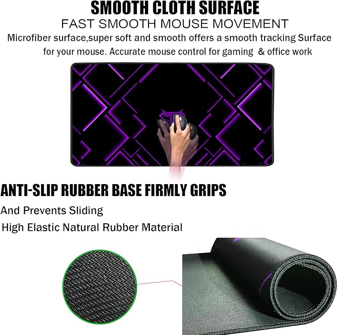 TEDNETGO Large Extended Gaming Mouse Pad, Long Mouse Pads, Extra Large Big Mouse Pad with Stitched Edge, XXL Non-Slip Computer Computer Keyboard Mat for Gamer/Desktop/Office/Home, Purple