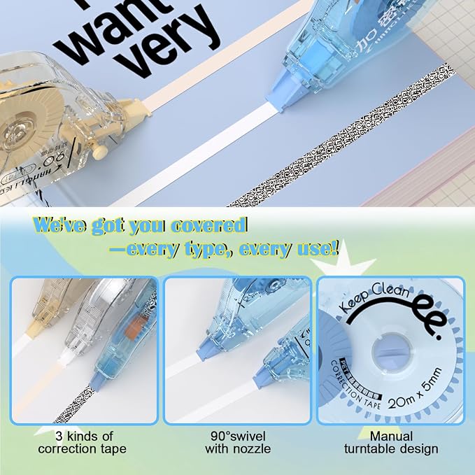 CHANGLi White Correction Tape, Yellow Correction Tape, Secure Correction Tapes, 65FT, 90° Rotating Tip, Tear-Resistant Tape for Office, School Supplies, Includes Storage Pouch