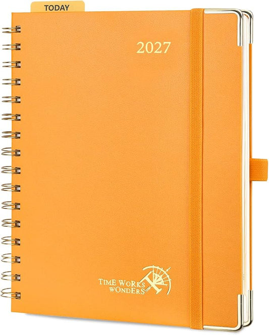 POPRUN 2027 Planner Daily Weekly and Monthly Calendar with Hourly Schedule(Medium Size 8.5'' x 6.25'' Wire-Bound Hard Cover) - Agenda 2027 (Jan.2027-Dec.2027), Monthly Tabs - Orange